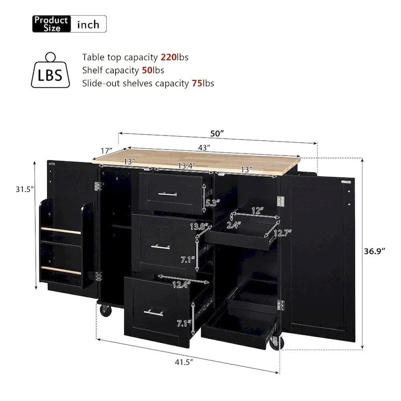 50 in. W Kitchen Island Rubberwood Top on 5 Wheels with 3 Drawers and 2 Slide-Out Shelf