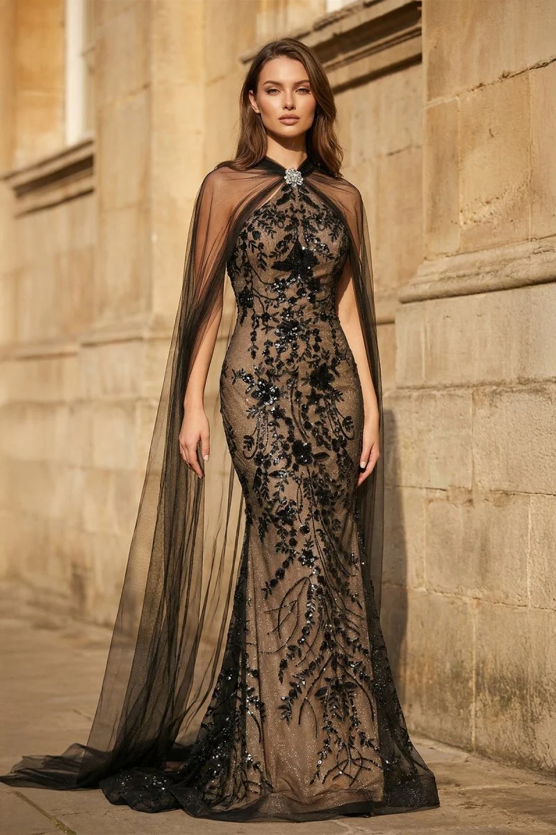 Black Halter Mermaid Sequined Long Prom Dresses With Cape