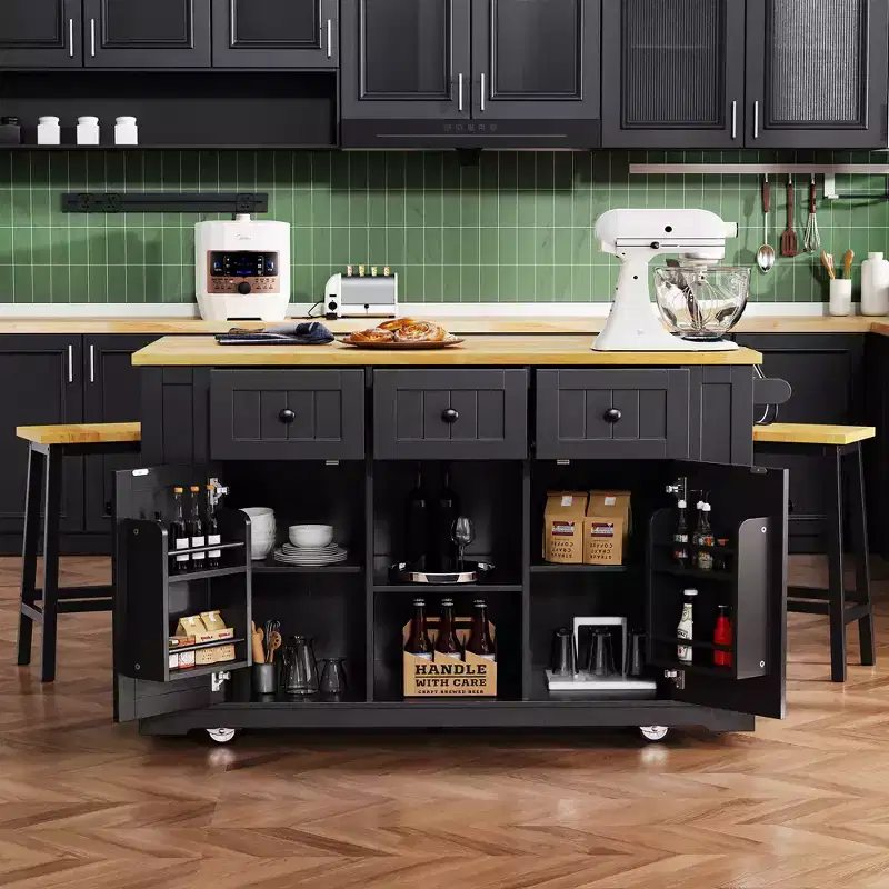 CLIHOME Large Rolling Kitchen Island with 2 Bar Stools, Power Outlet, Door Internal Storage Rack, 5 Open Side Racks
