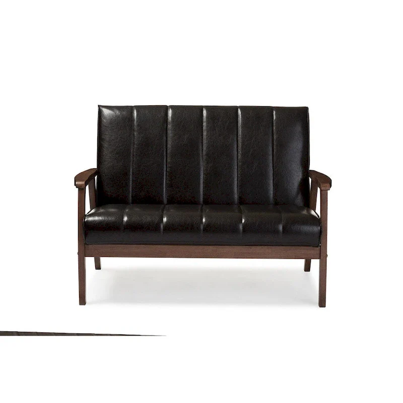 Baxton Studio Nikko Mid-century Modern Scandinavian Style Dark Brown Faux Leather Wooden 2-Seater Loveseat