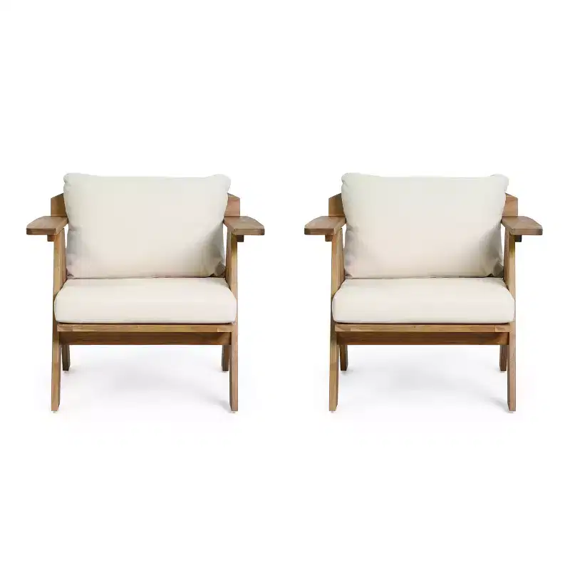 Christopher Knight Home Arcola Outdoor Acacia Wood Club Chairs with Water Resistant Cushions (Set of 2), Teak and Beige