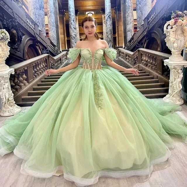 Sage Green Off Shoulder Beading Floral Appliqué Quinceanera Dress