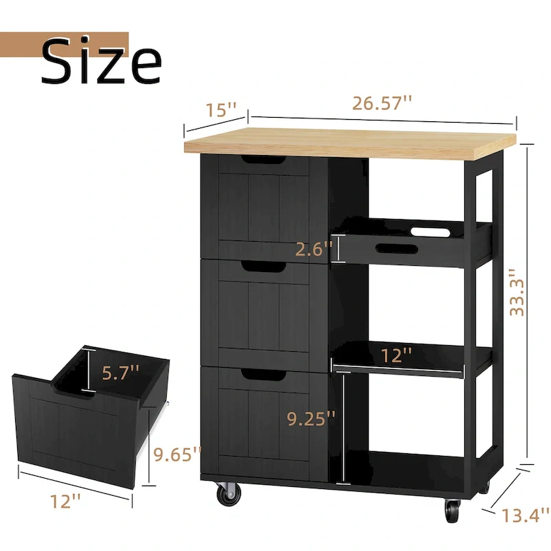 Futzca Kitchen Island Cart with 3 Open Shelves and 3 Drawers - N/A