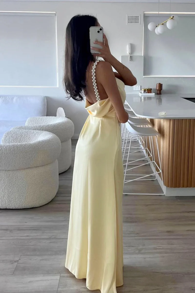 Yellow Sheath Spaghetti Straps Satin Long Prom Dresses With Pearls