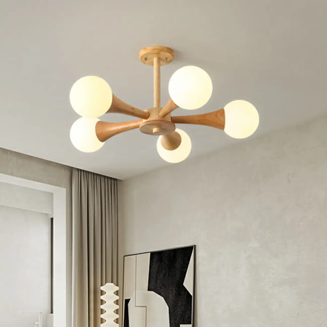 Elegant Wood Flush Mount Chandelier with 5 Lights for Bedroom