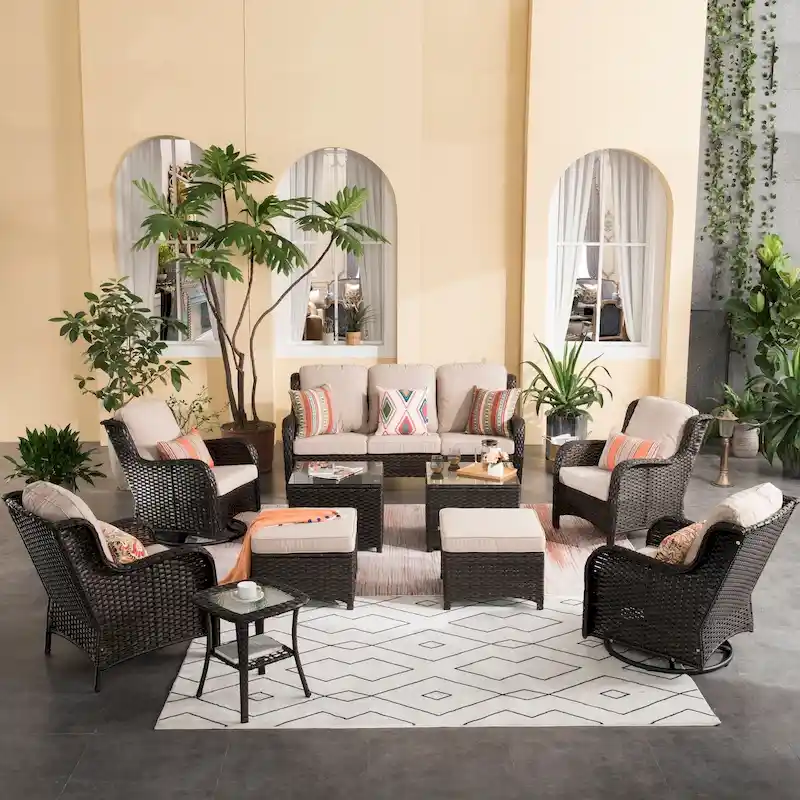 OVIOS 10-piece Patio Swivel Chair Conversation Set with tables