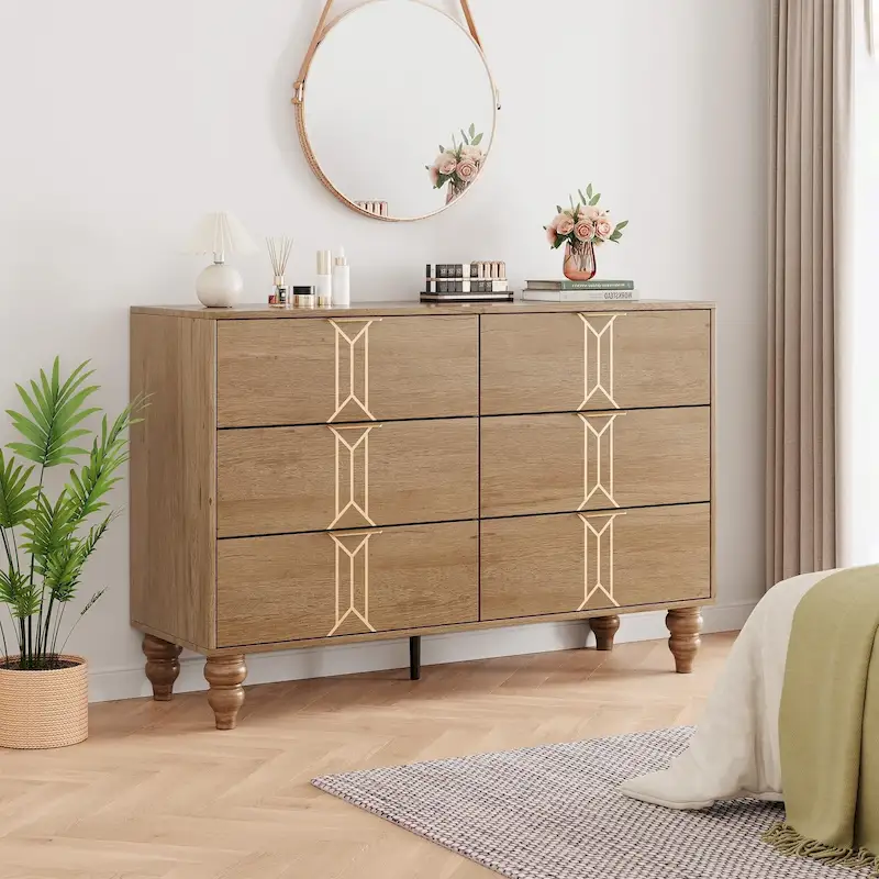6-Drawer Dresser with Wood Legs – Oak & Gold / Black & White, Vintage Style