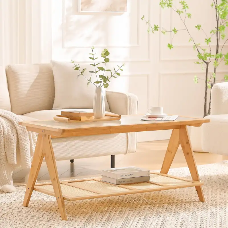 Bamboo Glass Top Side Table Accent End Table with Magazine Rack