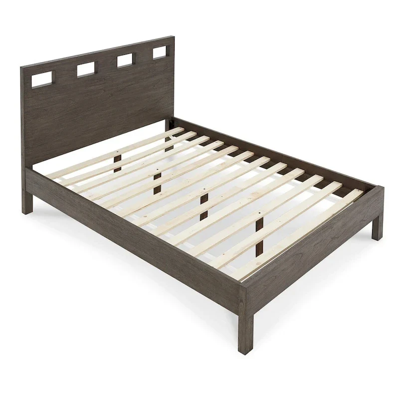 Yee Queen Bed, Gray Wood, 4 Side Drawers, Cut Out Headboard Design