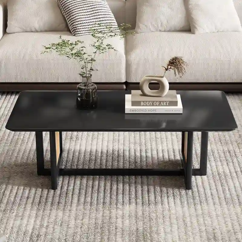 Low Coffee Table with Wood Frame and Rattan-Style Surface
