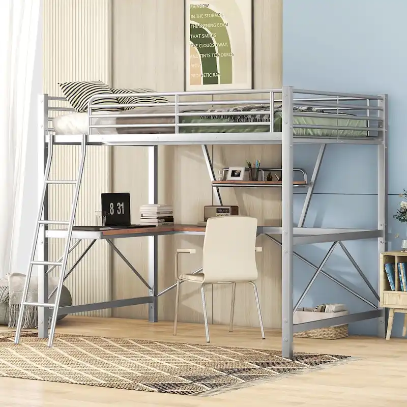 Metal Loft Bed with Desk and Guardrail