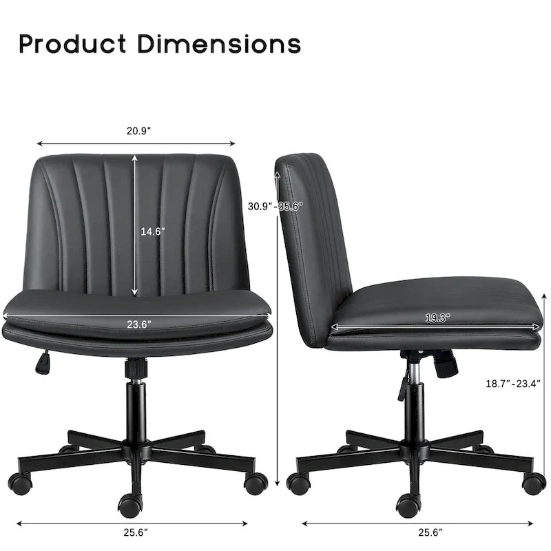 Cross Chair with Wheels,PU Leather Armless Cross Legged Office chair, Adjustable Wide Seat Task Vanity Chair