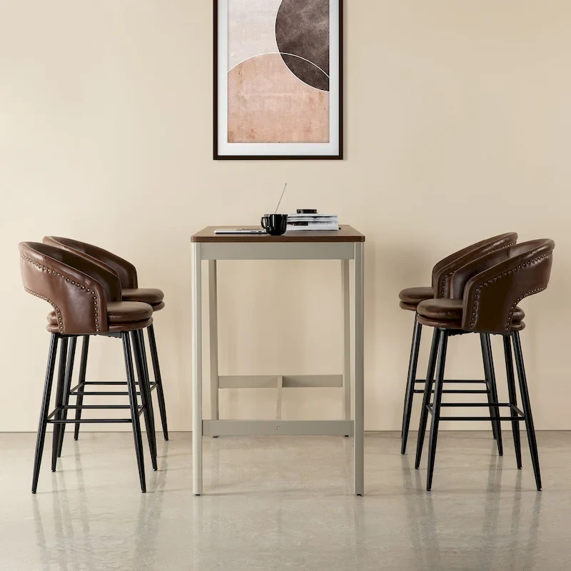 Mid-Century Modern Faux Leather Bar Stool with Nailhead Trim & Metal Legs – Black / Brown