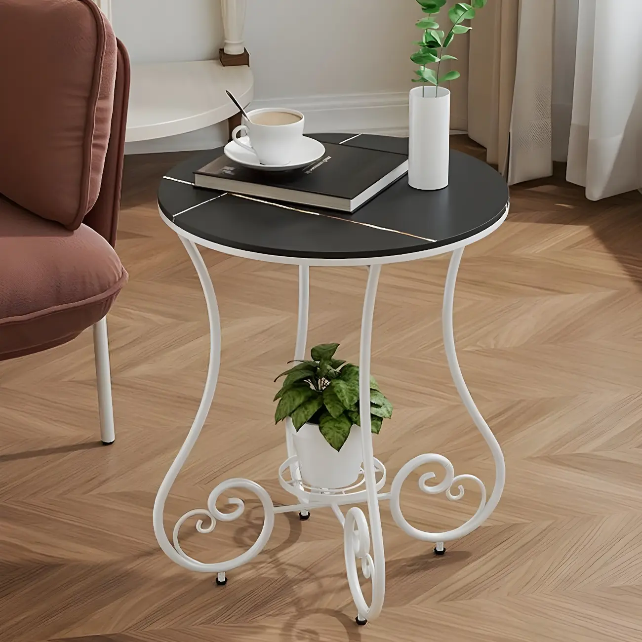 Modern Gloss Finish Steel Marble-Top Round Side Table