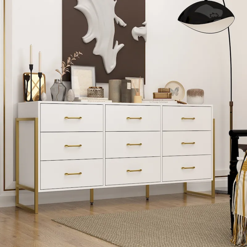 61.4W Modern Black Dresser with 9 Spacious Drawers - Gold Handles