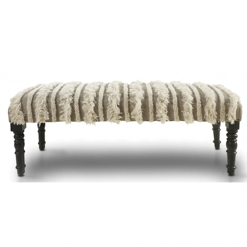 Cream Striped Upholstered Bench with Black Legs - 47