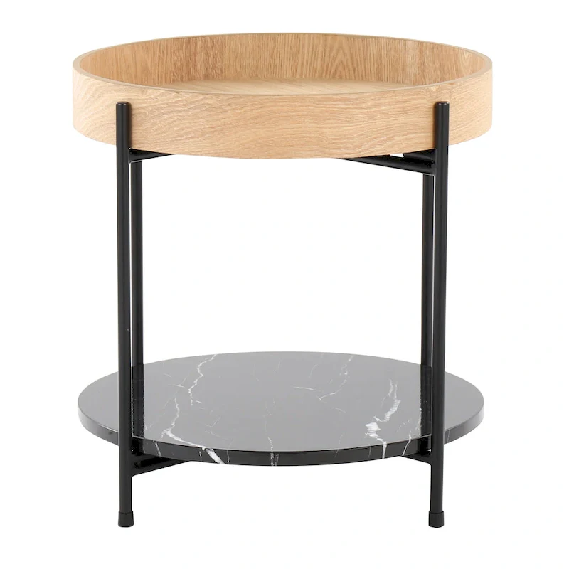 Natural Wood Round End Table with Black Metal Frame and Marble Shelf