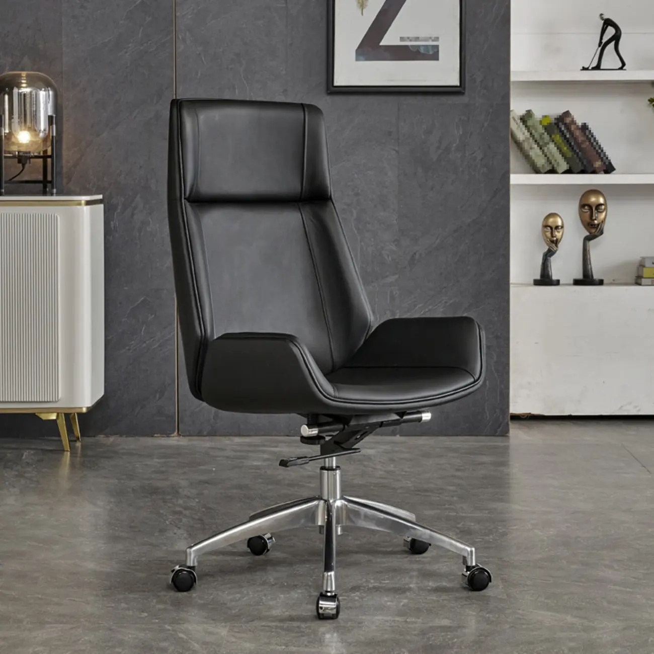 High-Back Black Leather Adjustable Swivel Office Chair