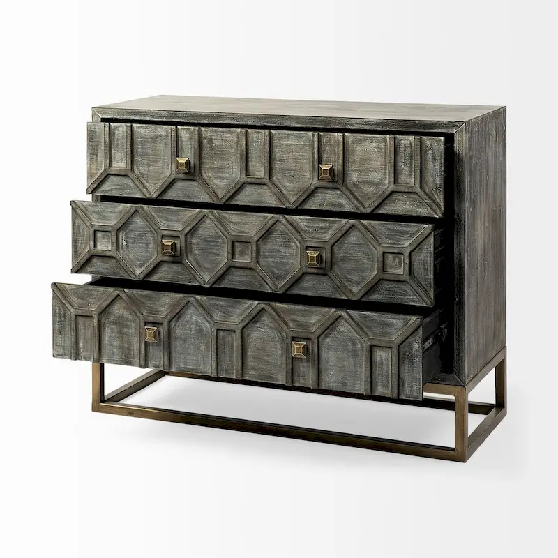 3-Drawer Accent Cabinet with Metal Frame - Geometric Pattern Design (Gray/Light Brown)