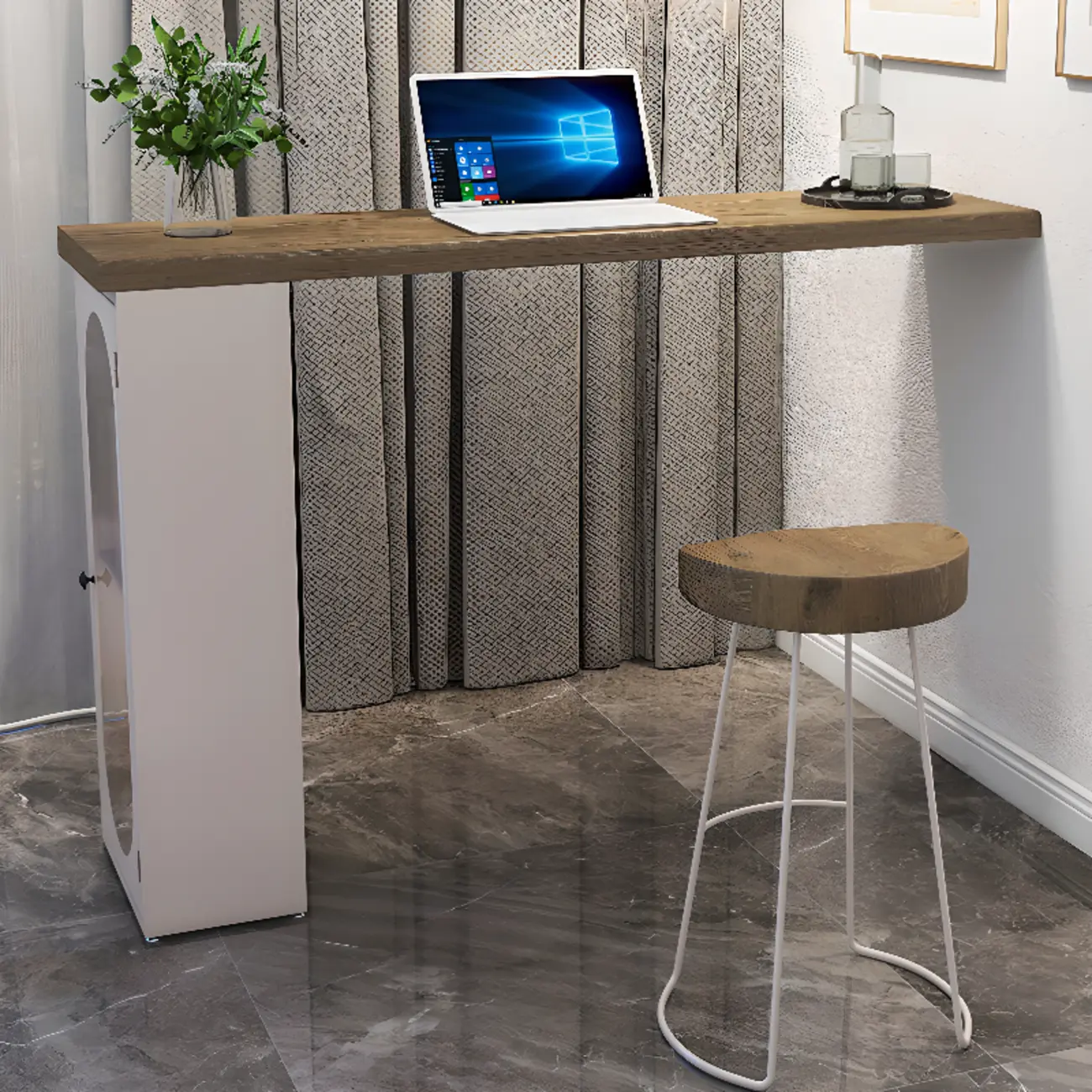 Modern Natural Wood Bar Table Metal Base with Side Cabinet