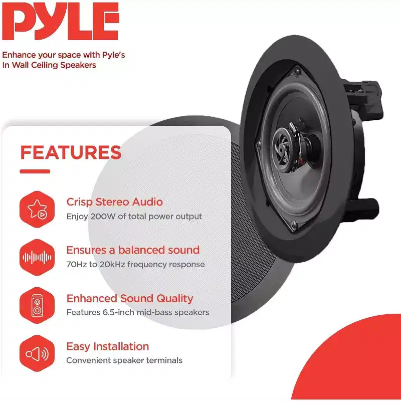 Pyle PDIC61RDBK 6.5'' In-Wall/In-Ceiling Dual 2-Way Speaker System - Flush Mount - Black