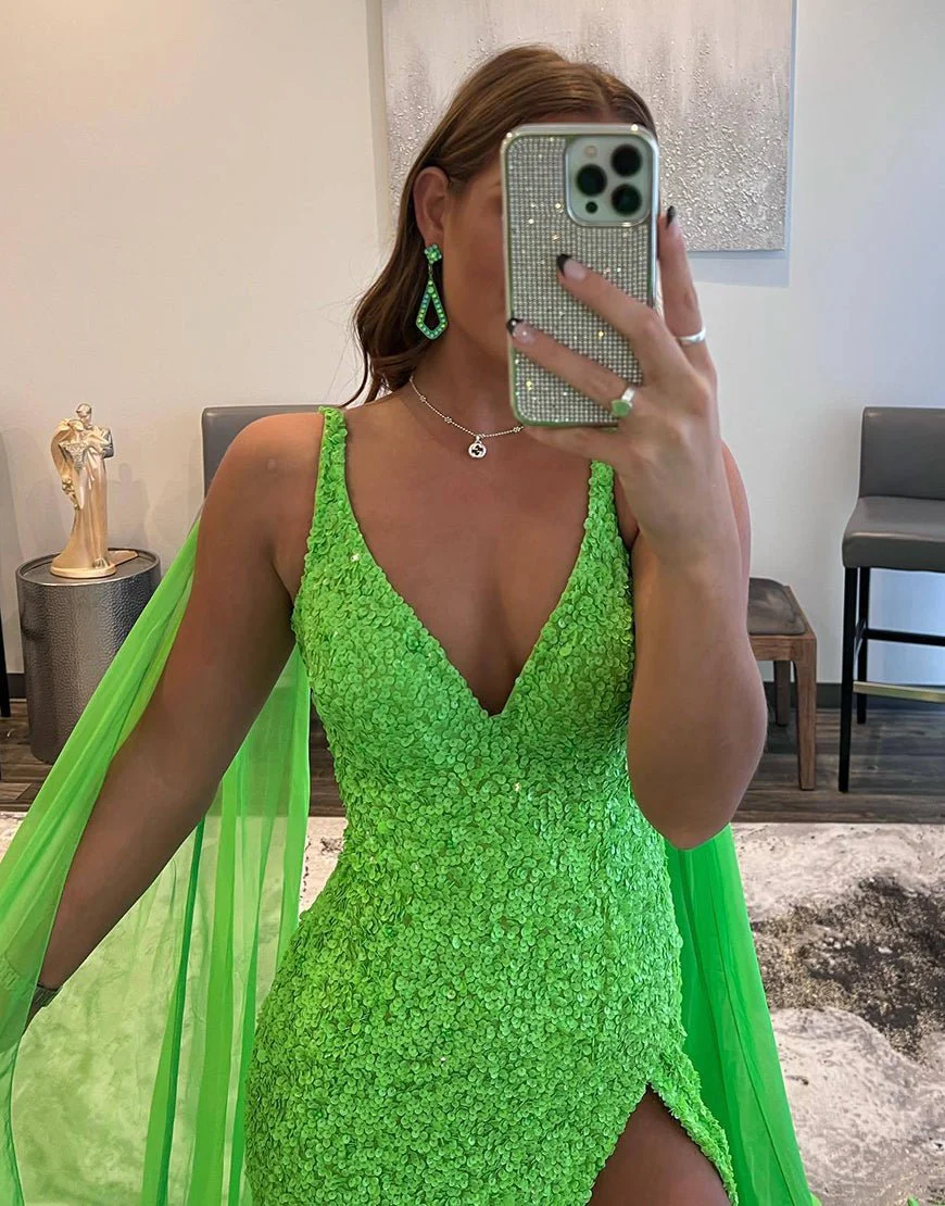 Mermaid V Neck Sequin Prom Dress with Slit