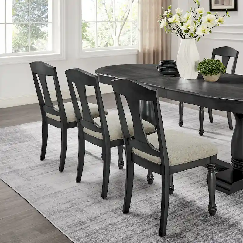7 Pcs Solid Wood Dining Table Set, , Kitchen Extendable Dining Table Set with Curved Table and 6 Upholstered Chairs