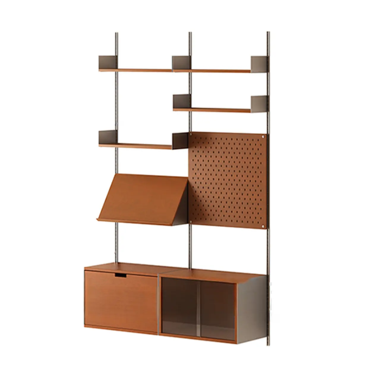 Mid-Century Modern Modular Wall Shelving System Walnut Bookshelf with Pegboard
