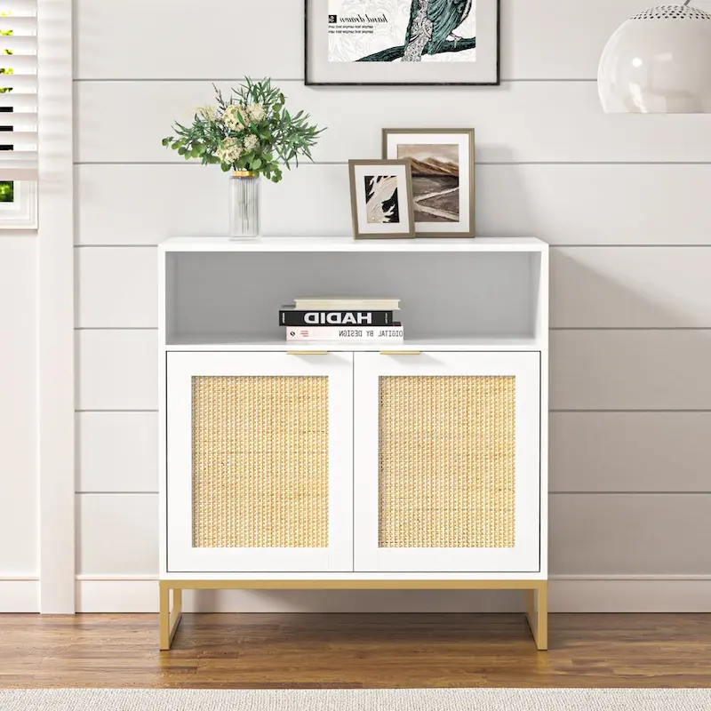 Brown/White Particle Board & Rattan 2-Door Sideboard Buffet Cabinet with Adjustable Shelf