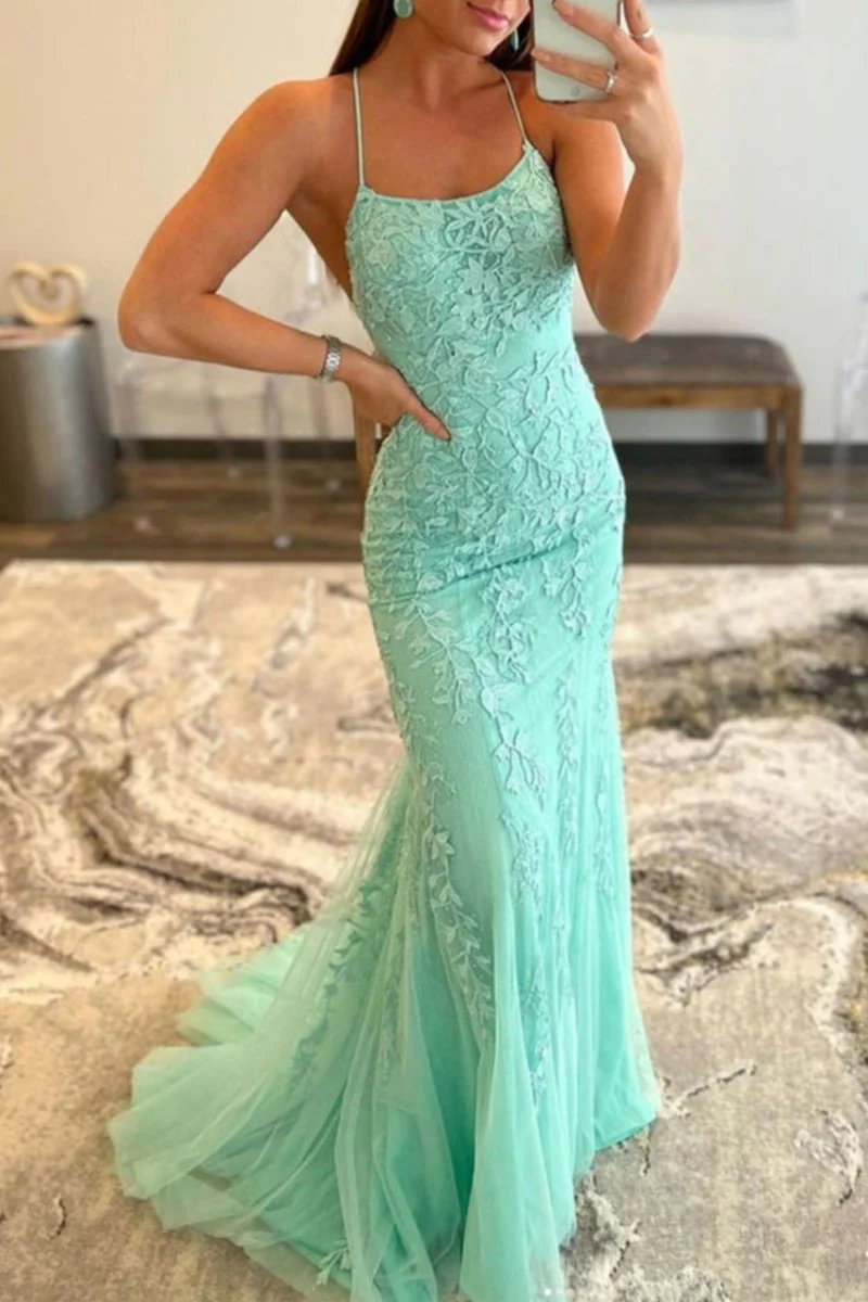 Mermaid Spaghetti Straps Lace Prom Dress