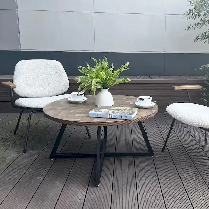 Round Coffee Table Wood Grain and Black Metal