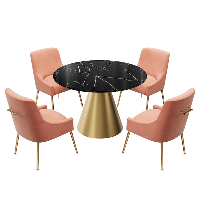 Clihome 5 Piece Black Marble Top Table with Velvet Dining Chair Set
