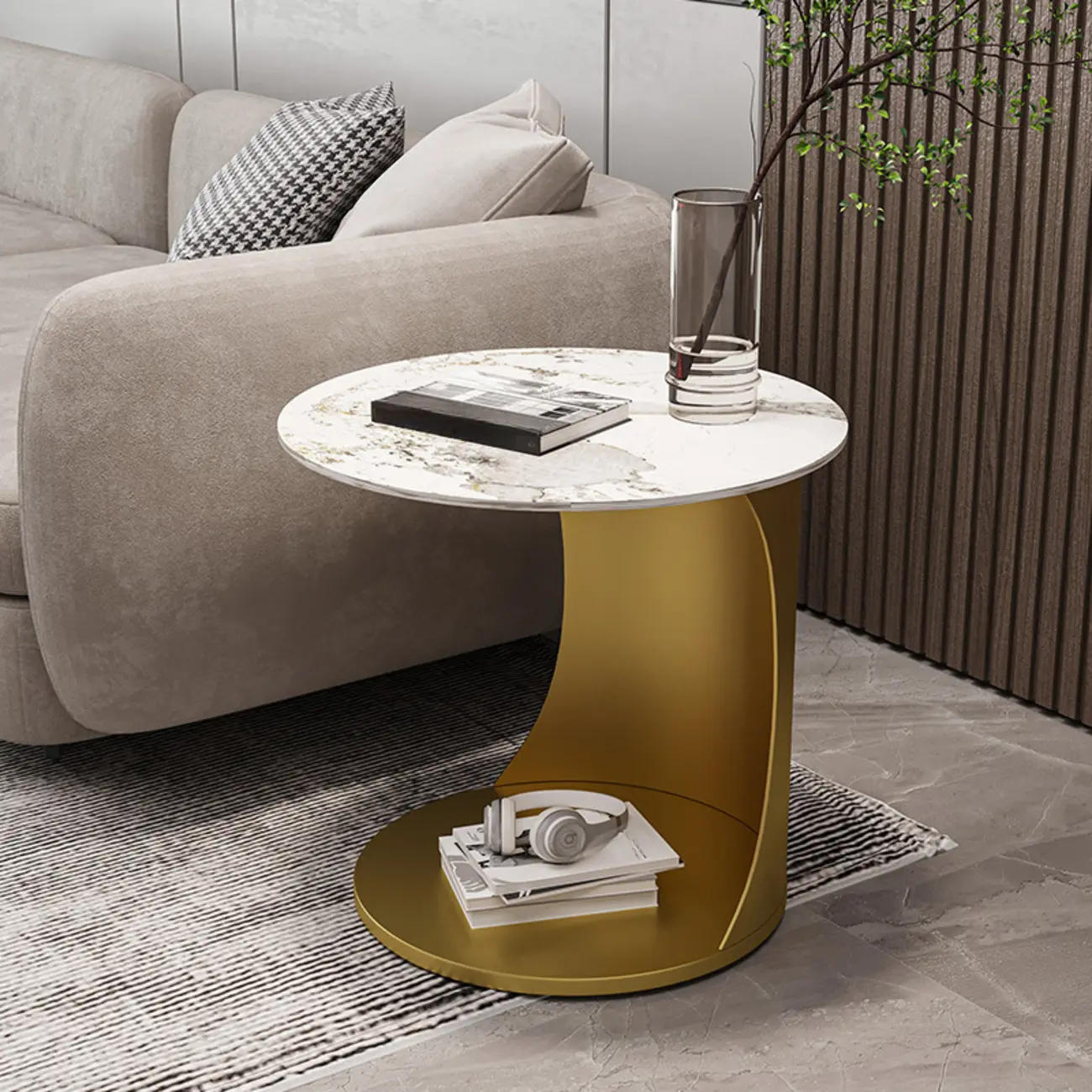 Classic C-Shaped White Marble Side Table with Gold Metal Base