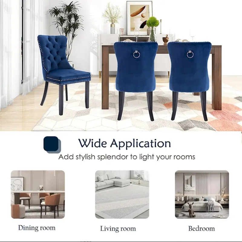 Set of 2 Velvet Dining Chairs,Tufted Solid Wood Armless Chairs Accent Chair with Nailhead Trim and Back Ring Pull - N/A