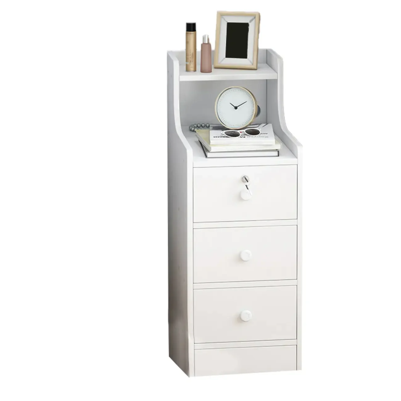 Narrow White Wood Nightstand with Drawers & Shelf