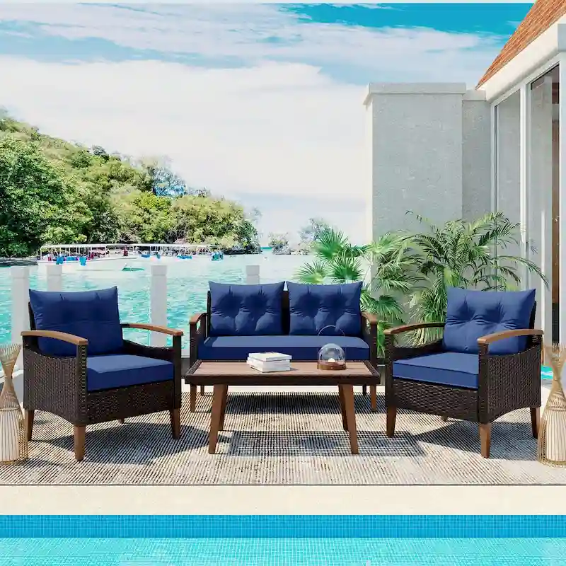 Blue Functional 4-Piece Garden Furniture Patio Seating Set with Thick Pillows