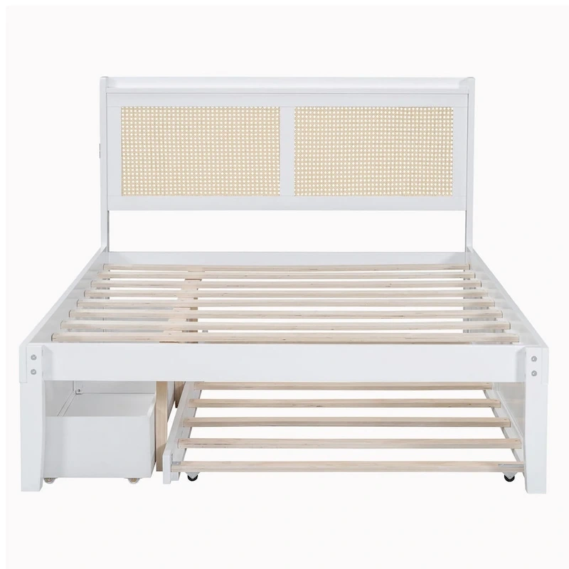 Elegant Bed Frame with Rattan Headboard and Sockets