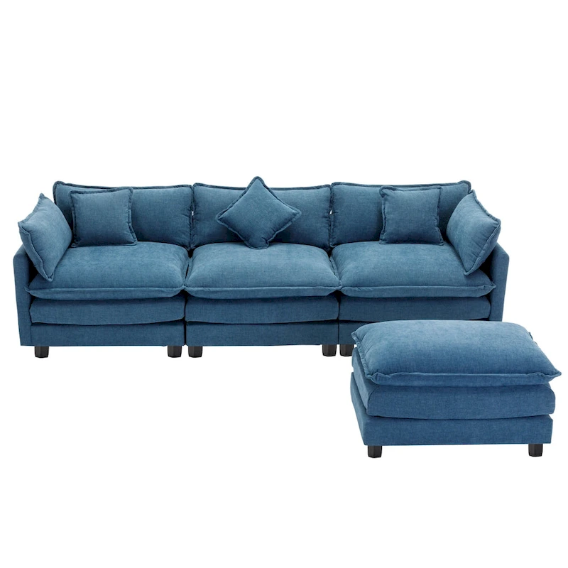Blue 112.2 Modern L-Shaped 4-Seat Sofa with Removable Ottoman