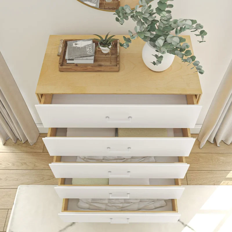 White & Natural 5-Drawer Solid Wood Dresser – Single