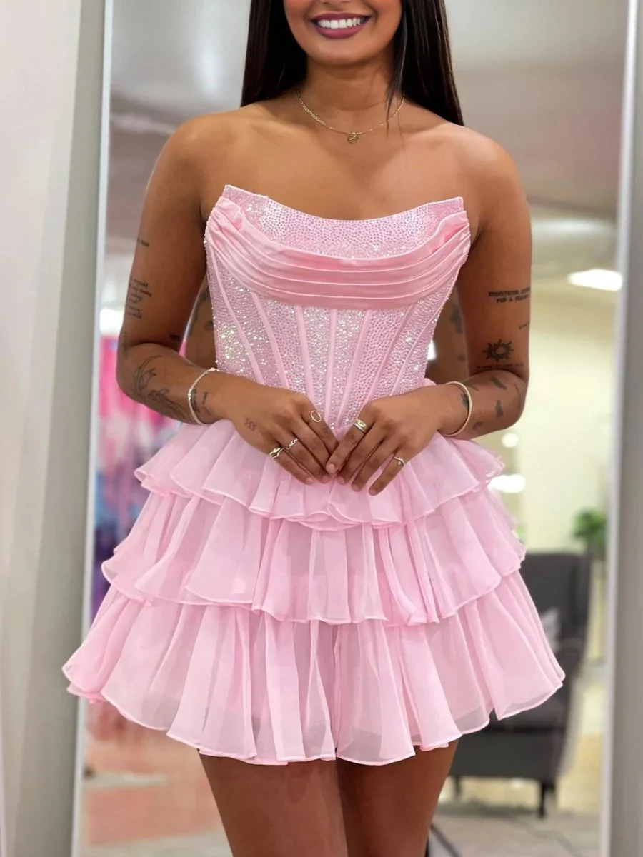 Pink - Strapless A Line Chiffon Beaded Homecoming Dress With Ruffles