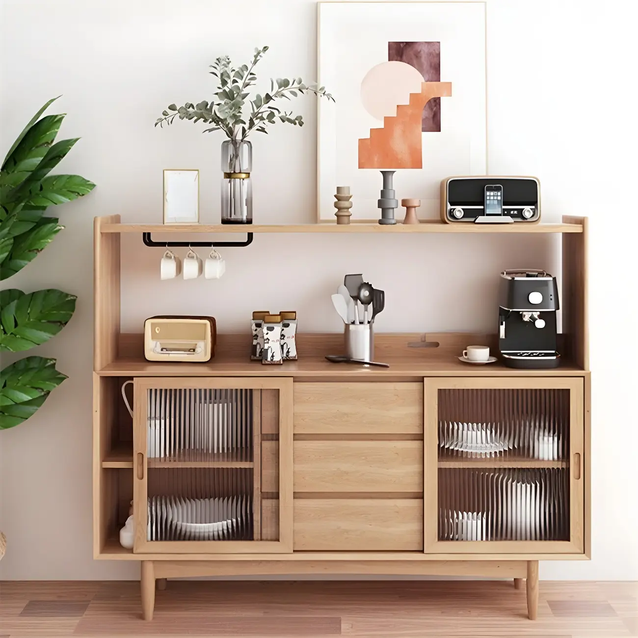 Natural Wood Glass Doors Storage Dining Hutch Cabinet