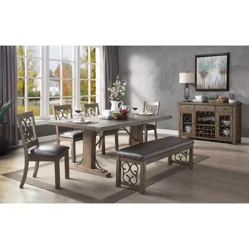 Acme Furniture 56" Raphaela Ottomans and Benches Black Synthetic Leather and Weathered Cherry Finish: Nailhead Trim, Metal Legs