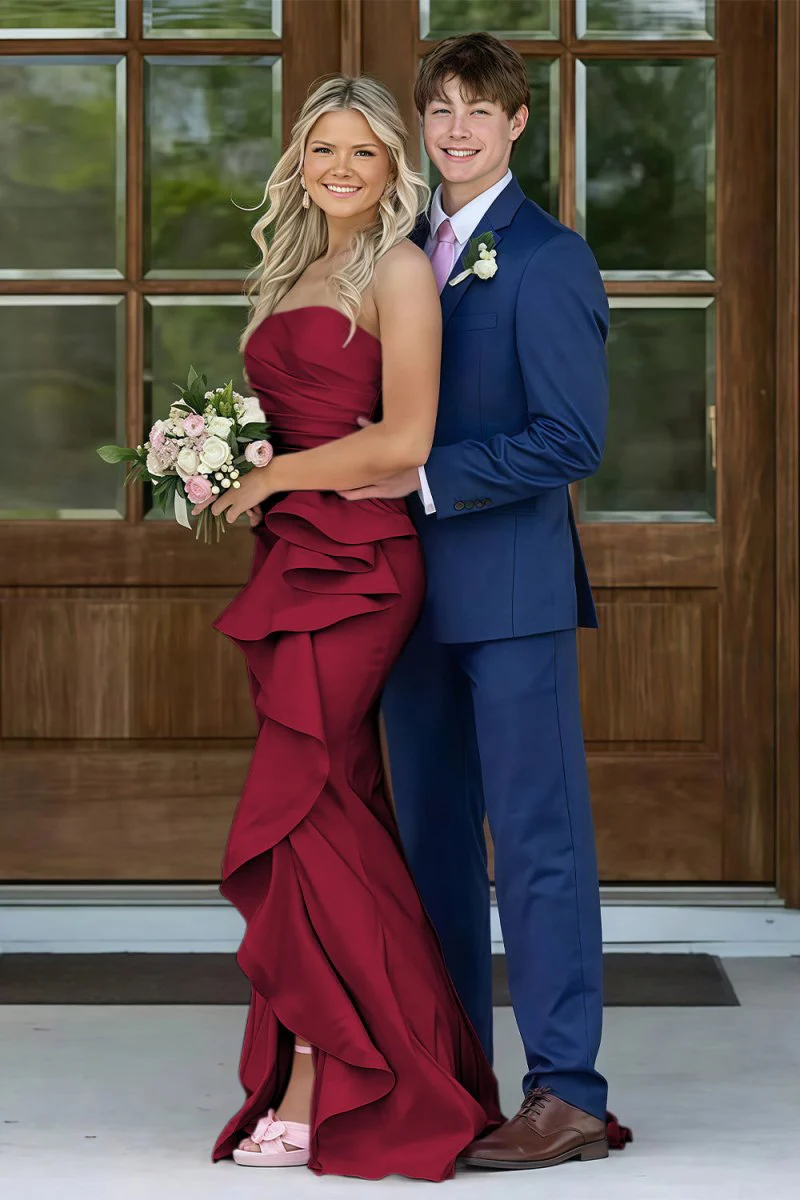 Pink Mermaid Strapless Satin Ruffled Long Prom Dresses with Slit