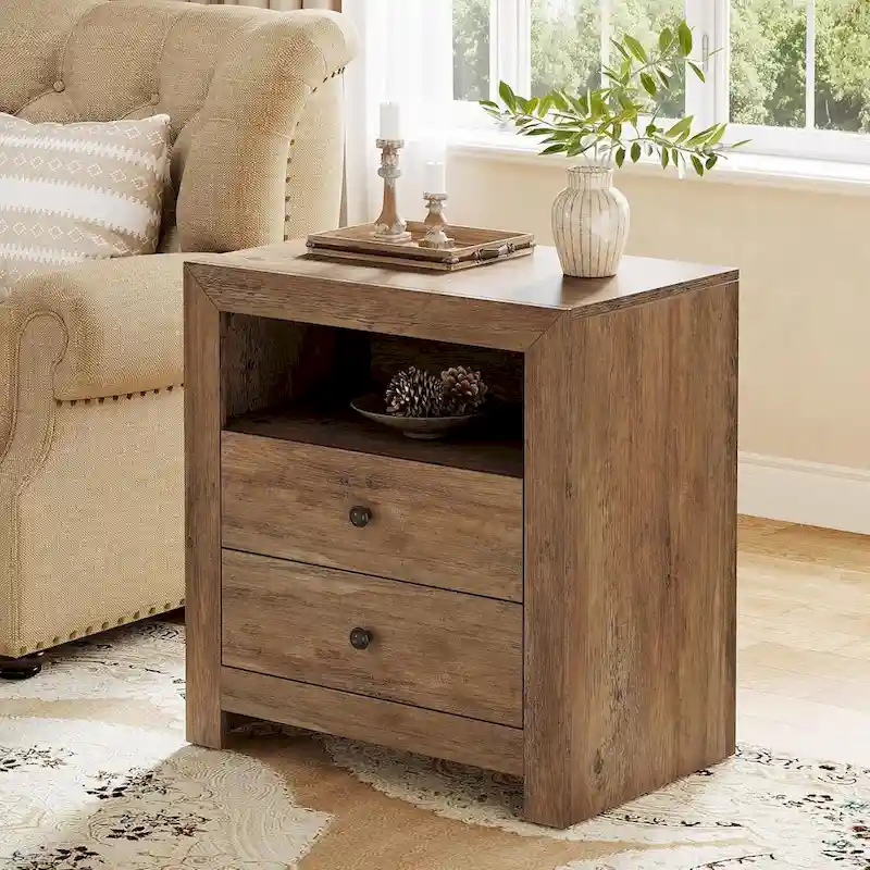 Rustic Brown Nightstand with 2 Drawers and Open Shelf