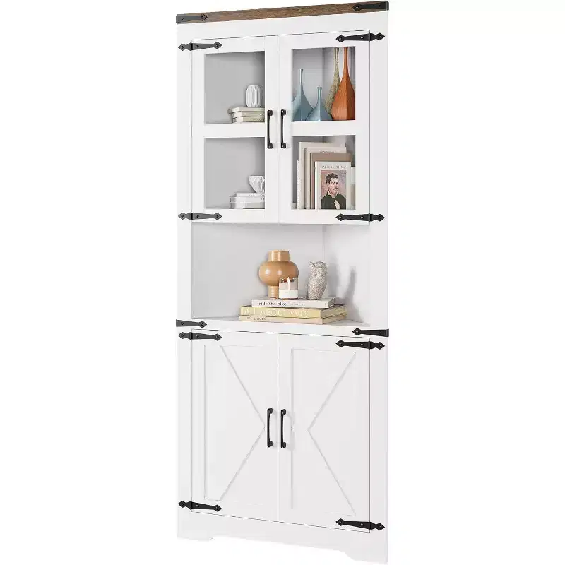 Tall Corner Cabinet, Farmhouse Style Storage with Glass Door & Adjustable Shelves for Kitchen & Bathroom