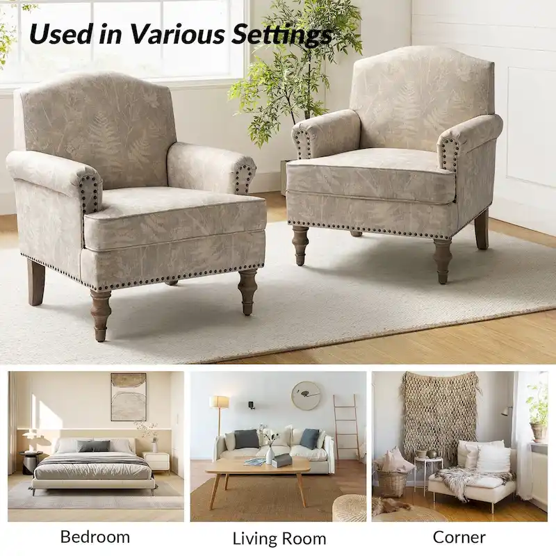 Grey/Navy Farmhouse Nailhead Camelback Armchair, 1-Person