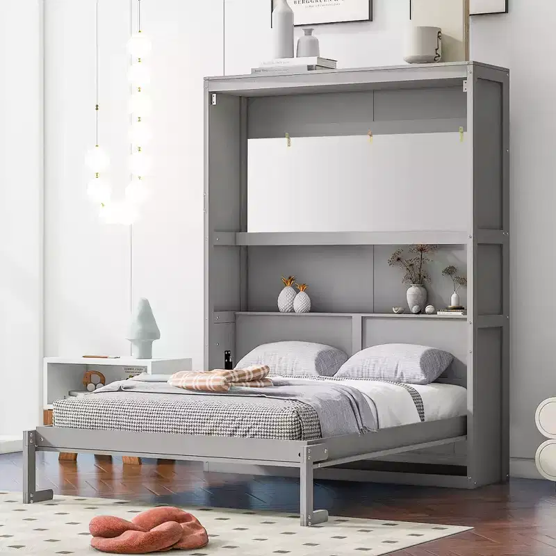Full/Queen Size Murphy Bed with Shelves, White/Gray, 4A -ModernLuxe