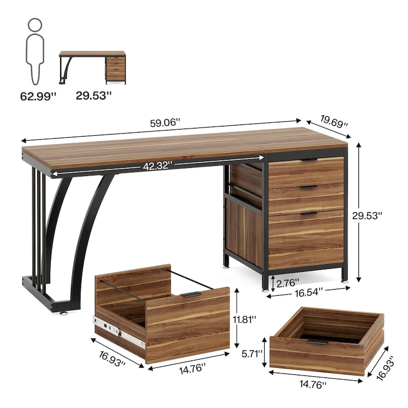 59-inch Wood/ Metal Computer Desk Writing Table with 3 Reversible Drawers