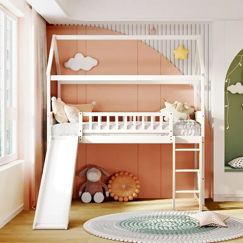 Twin Loft Bed with Slide, Playhouse Style, for 1 Child – Grey / White / Espresso