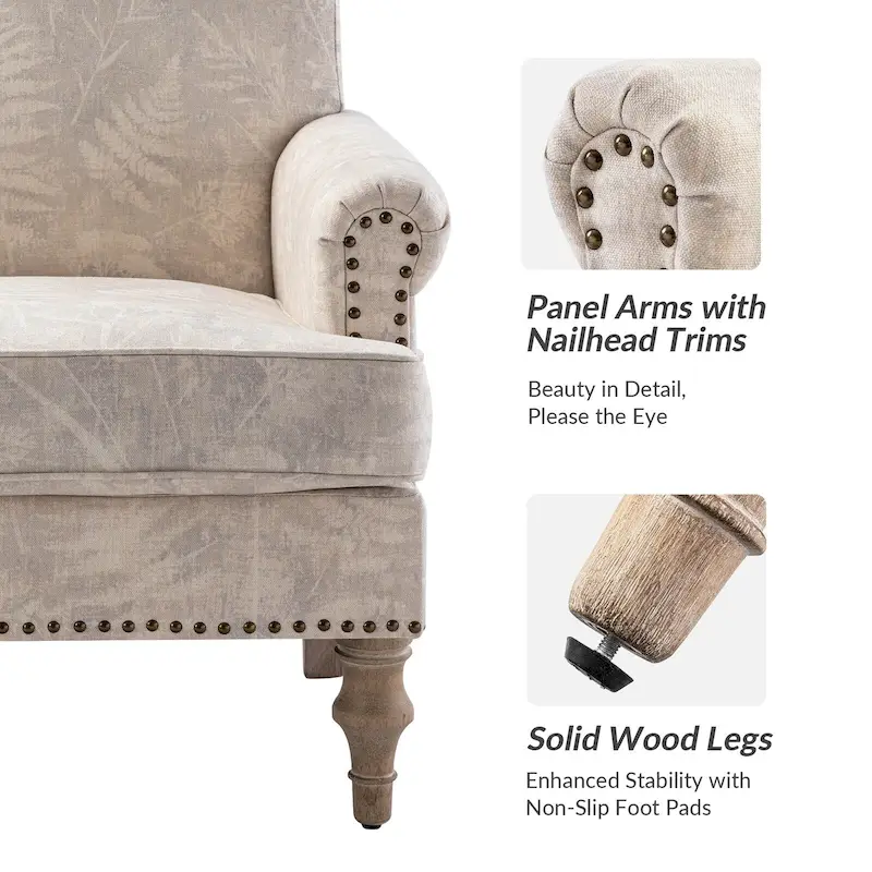 Grey/Navy Farmhouse Nailhead Camelback Armchair, 1-Person